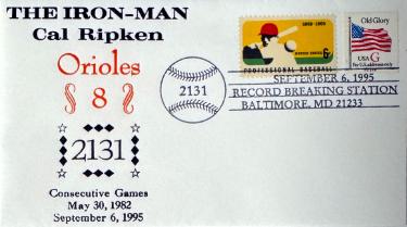 Cal Ripken, Jr. Iron-Man Baltimore Orioles #8 2131 Consecutive Games Baseball Commemorative Stamp/Cachet
