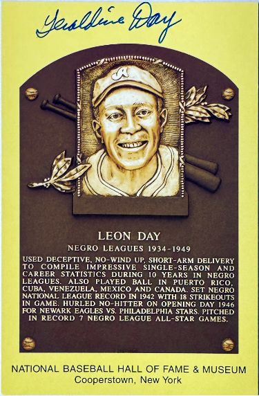 Geraldine Day the wife of Leon Day signed 3.5x5.5 Hall of Fame Plaque Card- COA