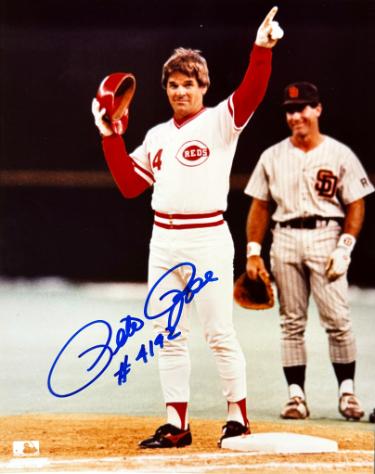 Pete Rose signed this Cincinnati Reds Record Breaker MLB Licensed 8x10 Photo #4192 minor dings- COA/Show Ticket (HIT KING/4256)