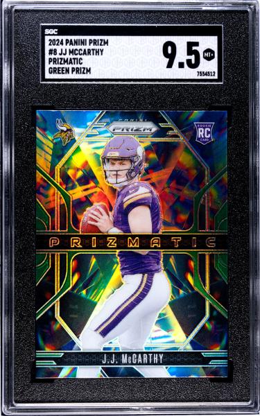 JJ (J.J) McCarthy 2024 Prizmatic Green Prizm Rookie Card (RC) #8- SGC Graded 9.5 Mint+ (Minnesota Vikings)