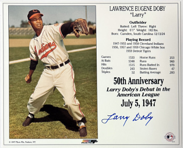 Larry Doby signed Cleveland MLB Licensed 50th Anniversary Debut in the American League July 5, 1947 8x10 Photo/Card- COA