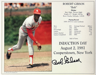 Bob Gibson signed St. Louis Cardinals MLB Licensed Hall of Fame Induction Day 8x10 Photo/Card- Tuff Stuff COA/Show Ticket