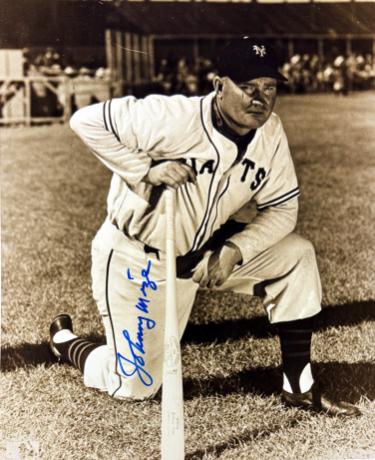 Johnny Mize signed New York Giants Sepia Tone 8x10 Photo minor dings- COA (HOF)