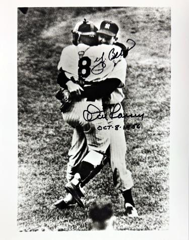 Don Larsen & Yogi Berra dual signed Yankees Perfect Game 8x10 Photo 10-8-56 minor dings- COA