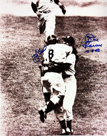 Don Larsen & Yogi Berra dual signed Yankees Perfect Game 8x10 Photo 10-8-56 minor dings- COA