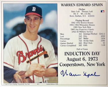 Warren Spahn signed Boston Braves MLB Licensed Hall of Fame Induction Day 8x10 Photo/Card- COA