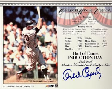 Orlando Cepeda signed MLB Licensed Hall of Fame Induction Day 8x10 Photo/Card- Tuff Stuff COA/Show Ticket
