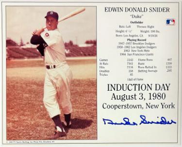 Duke Snider signed Brooklyn Dodgers MLB Licensed Hall of Fame Induction Day 8x10 Photo/Card- Tuff Stuff COA