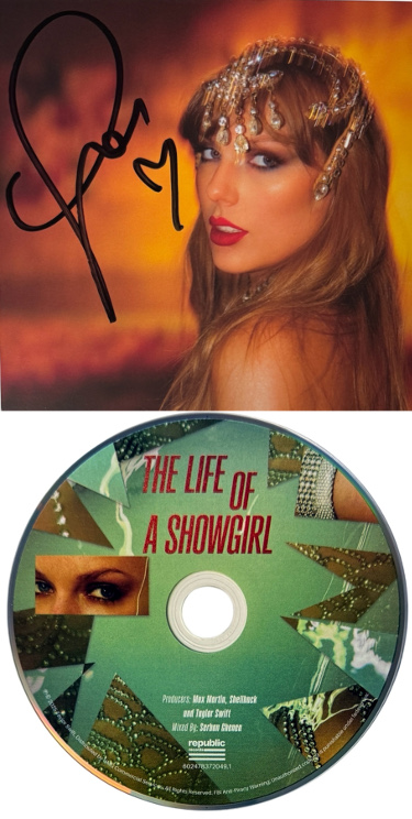 Taylor Swift 2025 The Life of a Showgirl CD Signed 4.75 Inch X 4.75 Inch Photo Art Card #1 w/ Heart- Beckett Review