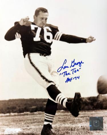 Lou Groza signed Cleveland Browns NFL Licensed 8x10 Photo w/ The Toe & HOF74 minor dings- COA