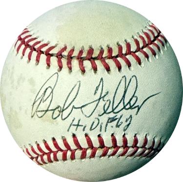 Bob Feller signed Official Rawlings American League Baseball HOF 62 toned- COA (Cleveland)