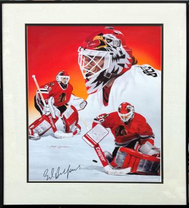 Ed Belfour signed Chicago Blackhawks The Eagle 16x20 Photo/Lithograph Custom Framing- COA (Frank Crymble, Artist)