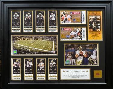 New Orleans Saints Super Bowl XLIV Champs Season 27x23 Framed w/Tickets/Game Used Ball imperfect- LTD /115