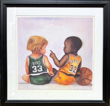 1993 Baby Sports Lets Play 16x16 Print- Magic Johnson/Larry Bird Custom Framing- by Kenneth Gatewood (overall size 23x23)