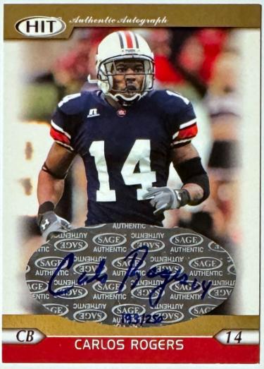 Carlos Rogers signed 2005 SAGE Hit Gold Rookie Auto Card 193/250 (Auburn Tigers)