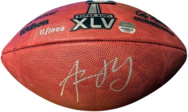 Aaron Rodgers signed Official NFL New Duke Super Bowl XLV Logo Leather Football- /1000- Mounted Memories Holo/COA (Packers)