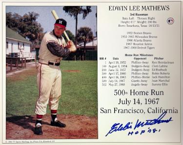 Eddie/Ed Mathews signed Milwaukee Braves MLB Licensed 500th Home Run July 14, 1967 8x10 Photo/Card HOF 78 imperfect- COA