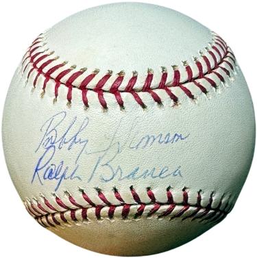 Ralph Branca/Bobby Thomson dual signed RONL Rawlings Official National League Baseball imperfect- MLB/Steiner Holograms