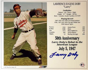 Larry Doby signed Cleveland MLB Licensed 50th Anniversary Debut in the American League July 5, 1947 8x10 Photo/Card- COA
