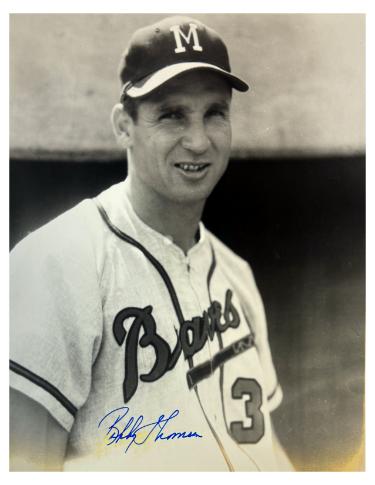 Bobby Thomson signed Milwaukee Braves 8x10 Photo imperfect- Stacks of Plaques COA (Staten IL Scot)