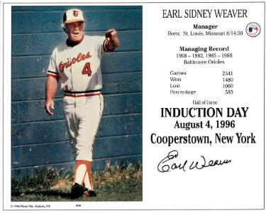 Earl Weaver signed Baltimore Orioles Hall of Fame Induction 8x10 Photo/Card- Tuff Stuff COA/Show Ticket