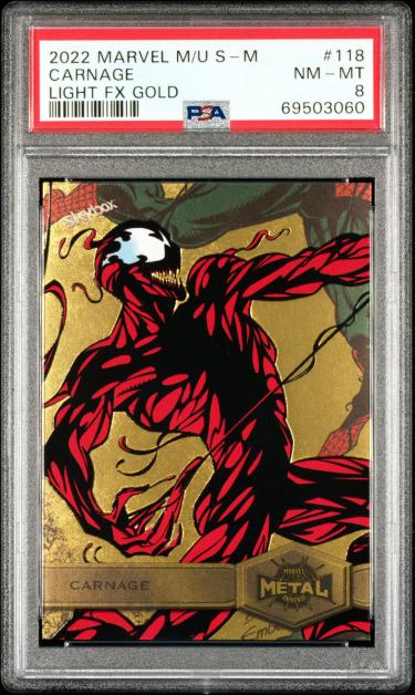 2022 Skybox Marvel Metal Spiderman Carnage Light FX Gold #118- PSA Graded 8 NM-MT