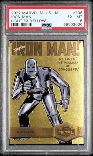 2022 Skybox Marvel Metal Universe Spider-Man Iron Man Light FX Yellow Card #136- PSA Graded 6 EX-MT