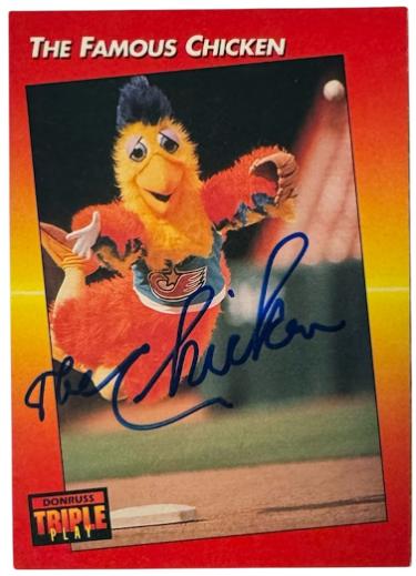 The Famous Chicken signed 1992 Donruss Triple Play On Card Auto #138 Padres- COA