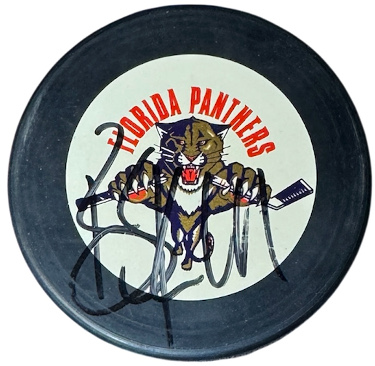 Brian Skrudland signed Florida Panthers NHL Logo Puck-COA (86 Stanley Cup Champ)
