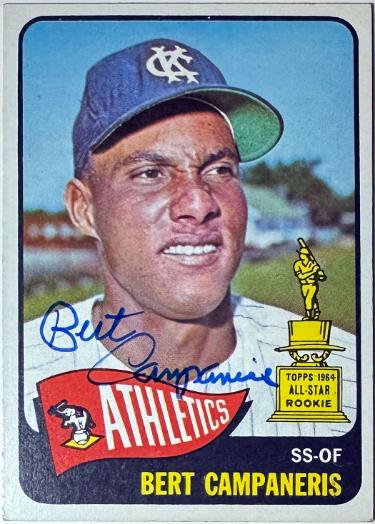 Bert Campaneris signed 1965 Topps Rookie Card On Card Auto #266 KC Athletics- COA