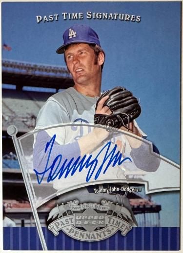 Tommy John signed 2005 UD Past Time Pennants Signatures On Card Auto #TJ (Los Angeles Dodgers)