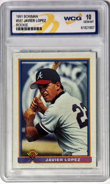 Javier Lopez 1991 Bowman Rookie Card #587- WCG Graded 10 Gem Mint (Atlanta Braves)