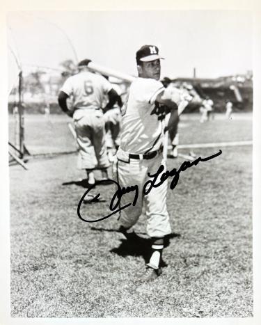 Johnny Logan signed Milwaukee Braves 8x10 Photo imperfect- Stacks of Plaques COA (Milwaukee Braves/4X All Star/1957 WS Champ)