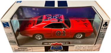 Tom Wopat/Ben Jones/Byron Cherry triple signed this Dukes of Hazzard General Lee Muscle Car Collection 1969 Dodge Charger Custom