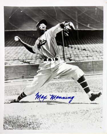 Max Manning signed Newark Eagles Negro League Vintage B&W 8x10 Photo imperfect- COA/CSA Show Ticket/Photo