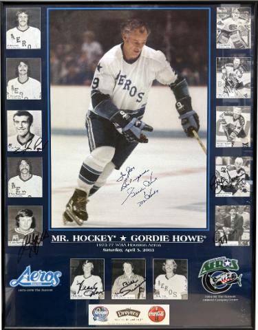 Gordie Howe signed Houston Aeros AHL 22x30 Poster 8 sigs Custom Framing- JSA LOA -To Joe