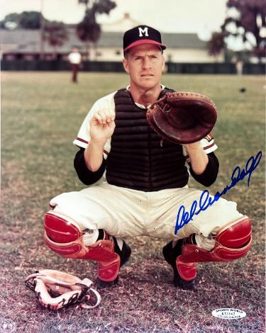 Del Crandall signed Milwaukee Braves MLB Licensed 8x10 Photo imperfect- Sports World Collectibles/COA (11X All Star)