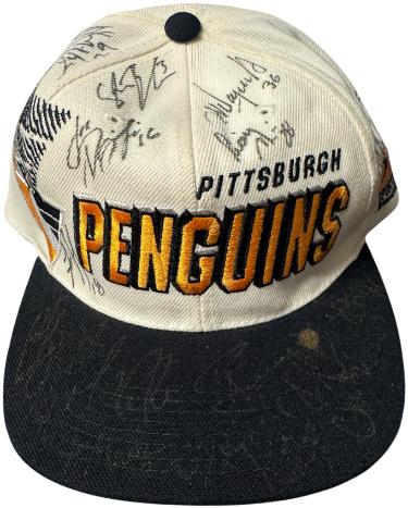 1996-97 Pittsburgh Penguins Team Signed NHL Center Ice Cap/Hat 20+ sigs � COA Mario Lemieux/ Dziedzic/Stojanov/Leroux/Wright