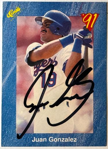 Juan Gonzalez signed 1991 Classic On Card Auto #T70- COA (Texas Rangers/HOF/3X ALL STAR)