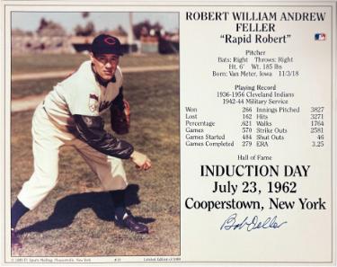 Bob Feller signed Cleveland Hall of Fame Induction Day 8x10 Photo/Card bend- COA
