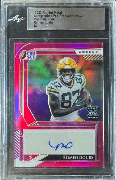 Romeo Doubs signed 2022 Pro Set Metal Pre-Production Proof Prismatic Pink Card 1/1- Leaf Encased (Green Bay Packers)