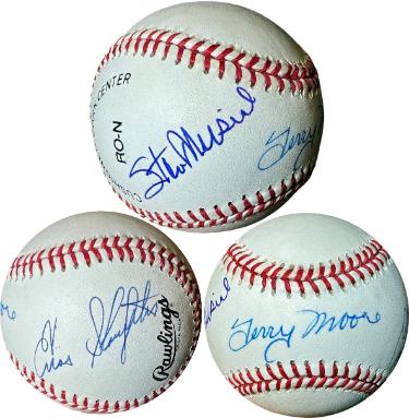 Stan Musial/Enos Slaughter/Terry Moore signed Rawlings RONL OFC Baseball imperfect- COA (St. Louis Cardinals)