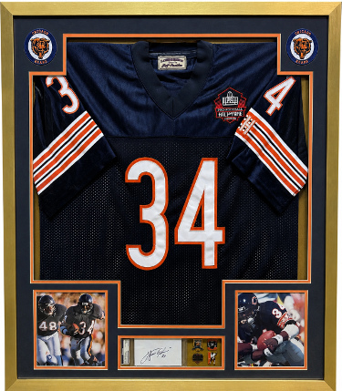 Walter Payton Signed PSA Slab Cut Chicago Bears NFL HOF Jersey/Photos/Pins Custom Framing Display 32x36