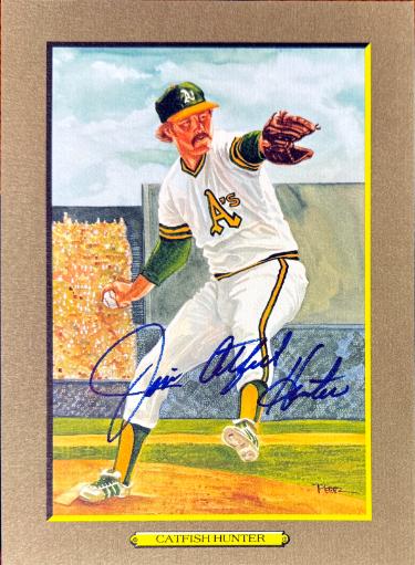Jim "Catfish" Hunter signed Oakland A's Perez Steele Great Moments 5.75x8 Postcard #62- Beckett (HOF)