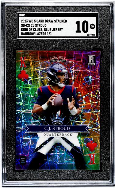 CJ/C.J. Stroud 2023 WC 5 Card Draw Stacked King of Clubs, Blue/Rainbow Lazers Rookie Card 1/1 #SD-CS- SGC Graded 10 Gem Mint