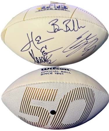Super Bowl 50 Logo OFC Wilson NFL WP Football 4-sigs- Beckett Review- Brian Billick/Herm Edwards/Marcus Allen/Eddie Lacy