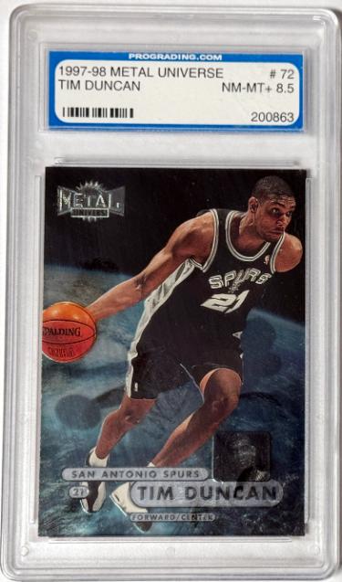 Tim Duncan 1997-98 Metal Universe Rookie Card #72- Pro Grading 8.5 NM-MT+ (San Antonio Spurs/HOF)