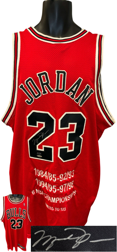 Michael Jordan signed Chicago Bulls Nike Red Stat Jersey 6X NBA Champ LTD 123- Upper Deck Authenticated/Size 50