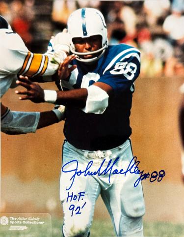 John Mackey signed Baltimore Colts NFL 8x10 Photo w/ HOF 92 & #88 imperfect- COA