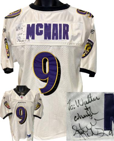 Steve McNair signed Baltimore Ravens Reebok NFL Authentic Jersey To Walter/Cheryl #9- Beckett Review (Size 50)